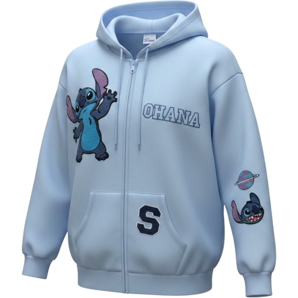 Tops - Disney Stitch O'Hana Zip Hoodie Light Blue Chenille Patch Size Large